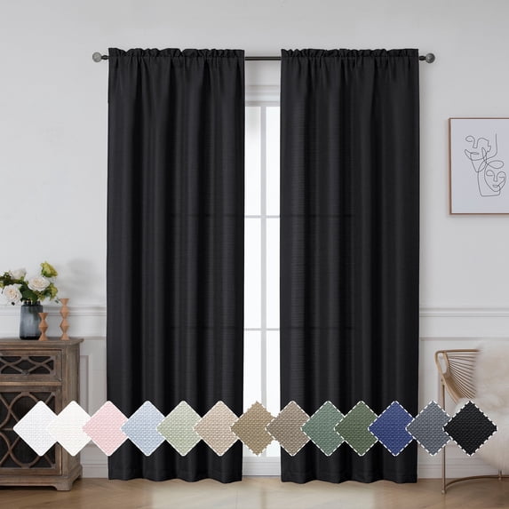 OVZME Bethany Faux Linen Black Curtains 84 Inches Long 2 Panels Set, Soft Airy Light Filtering Curtains for Bedroom, Slub Solid Textured Country Farmhouse Curtains for Living Room, 40Wx84L Inch