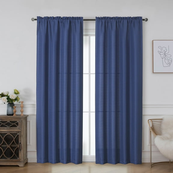OVZME Bethany Faux Linen Blue Curtains 84 Inches Long 2 Panels Set, Solid Soft Airy Light Filtering Curtains for Bedroom, Slub Textured Farmhouse Rod Pocket Living Room Curtains, 40Wx84L Inch