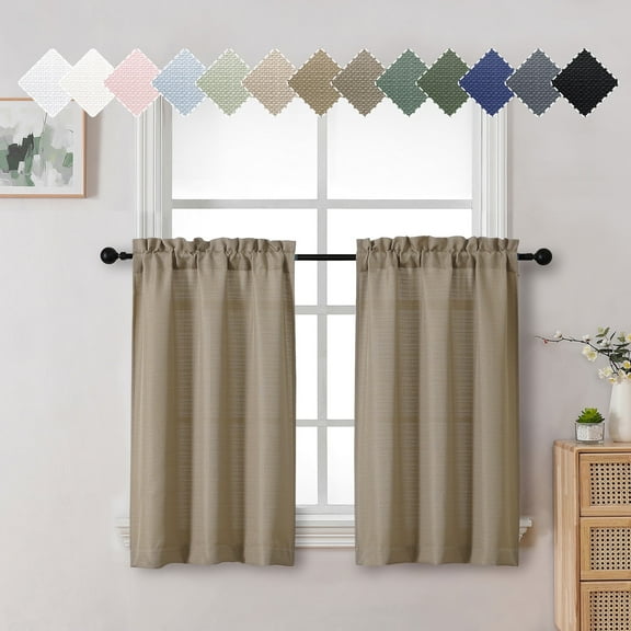 OVZME Bethany Faux Linen Curtains Tier 36 Inch Length 2 Panels Set, Camel Textured Cafe Curtains for Bathroom Basement Window Shades, Solid Rod Pocket Short Light Filtering Curtain Panels, 30"Wx36"L