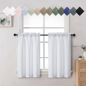 OVZME Bethany White Curtains Set of 2 Tier 36 Inch Length, Solid Textured Short Semi Sheer Kitchen Curtains for Living Room Bathroom Basement Decor with Rod Pocket Short Window Drapes, Each 30"Wx36"L