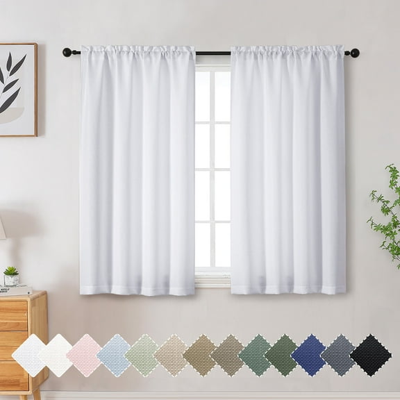 OVZME Bethany White Faux Linen Curtain 45 Inch Length for Bedroom 2 Panels Set, Solid Soft Airy Textured Light Filtering Window Treatment for Living Room with Dual Rod Pocket Drapes, Each 30"Wx45"L