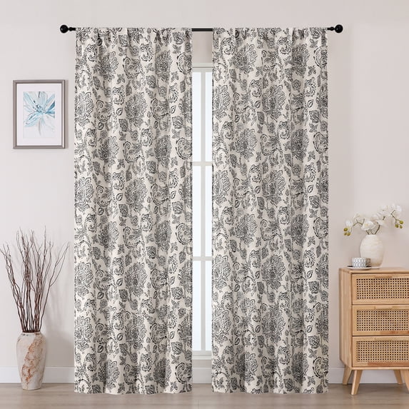 OVZME Black Floral Printed Curtains 84 Inches Long 2 Panels Set, Farmhouse Faux Linen Light Filtering Rod Pocket Window Drapes for Living Room Bedroom, Each 40"W x 84"L