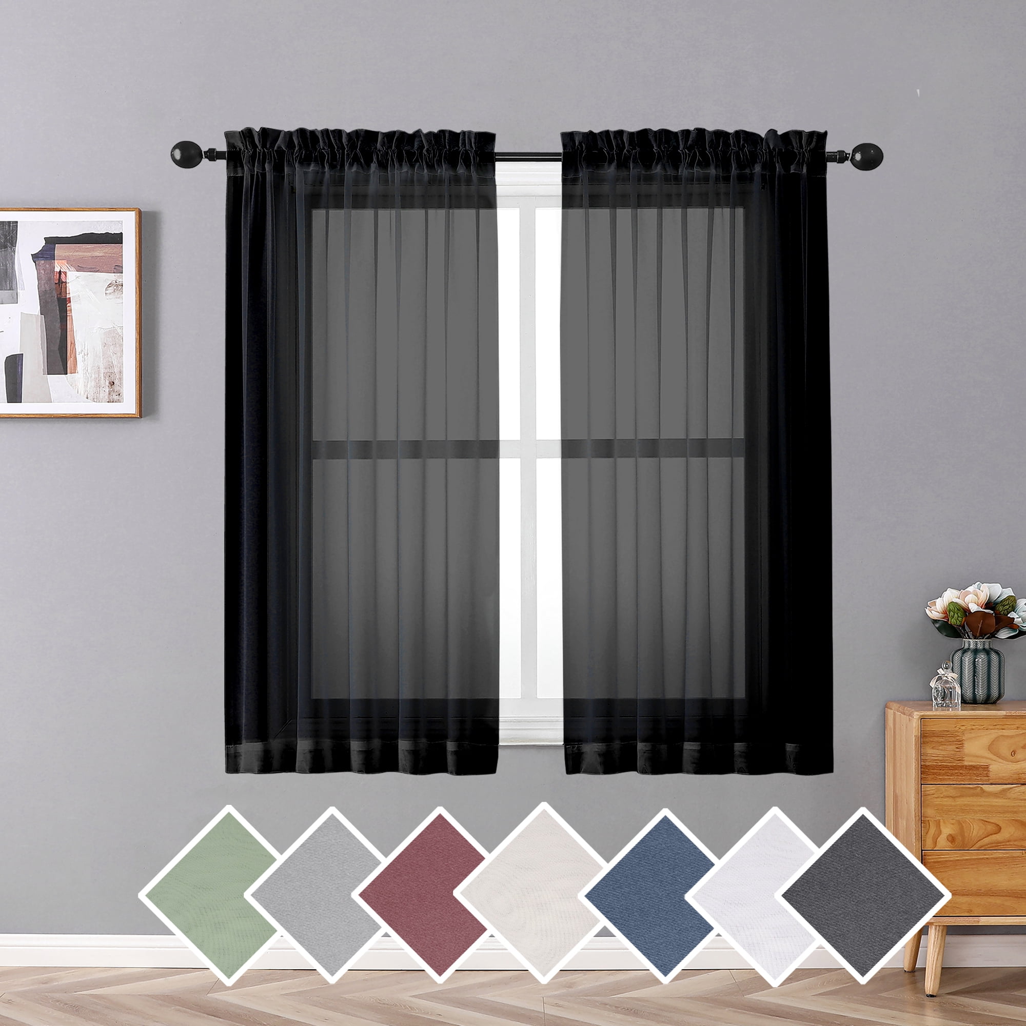 OVZME Black Sheer Window Curtains 54 inches Length, Set of 2, Half ...