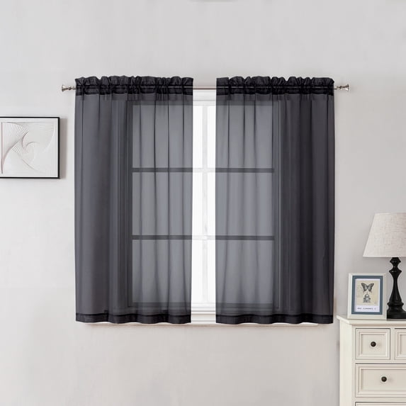 OVZME 42x45 Black Sheer Curtains 2 Pack, 45" Apron Length for Kitchen Dining Room, Soft Voile Tier Curtains for Half Small Window, Each 42Wx45L