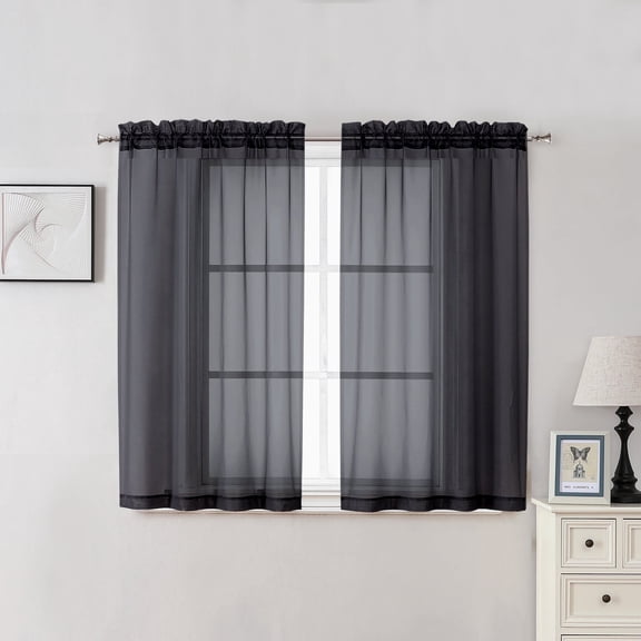 OVZME 42x45 Black Sheer Curtains 2 Pack, 45" Apron Length for Kitchen Dining Room, Soft Voile Tier Curtains for Half Small Window, Each 42Wx45L