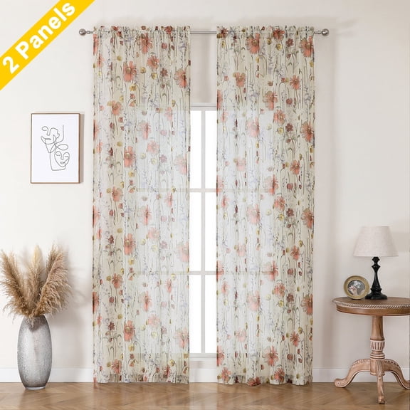 OVZME Blaise Crushed Floral Sheer Curtains 96 inches Long 2 Panels, Printed Design Privacy Texture Long Curtains with Rod Pocket Soft Breathable Window Shades for Bedroom Living Room Decor, 42Wx96L