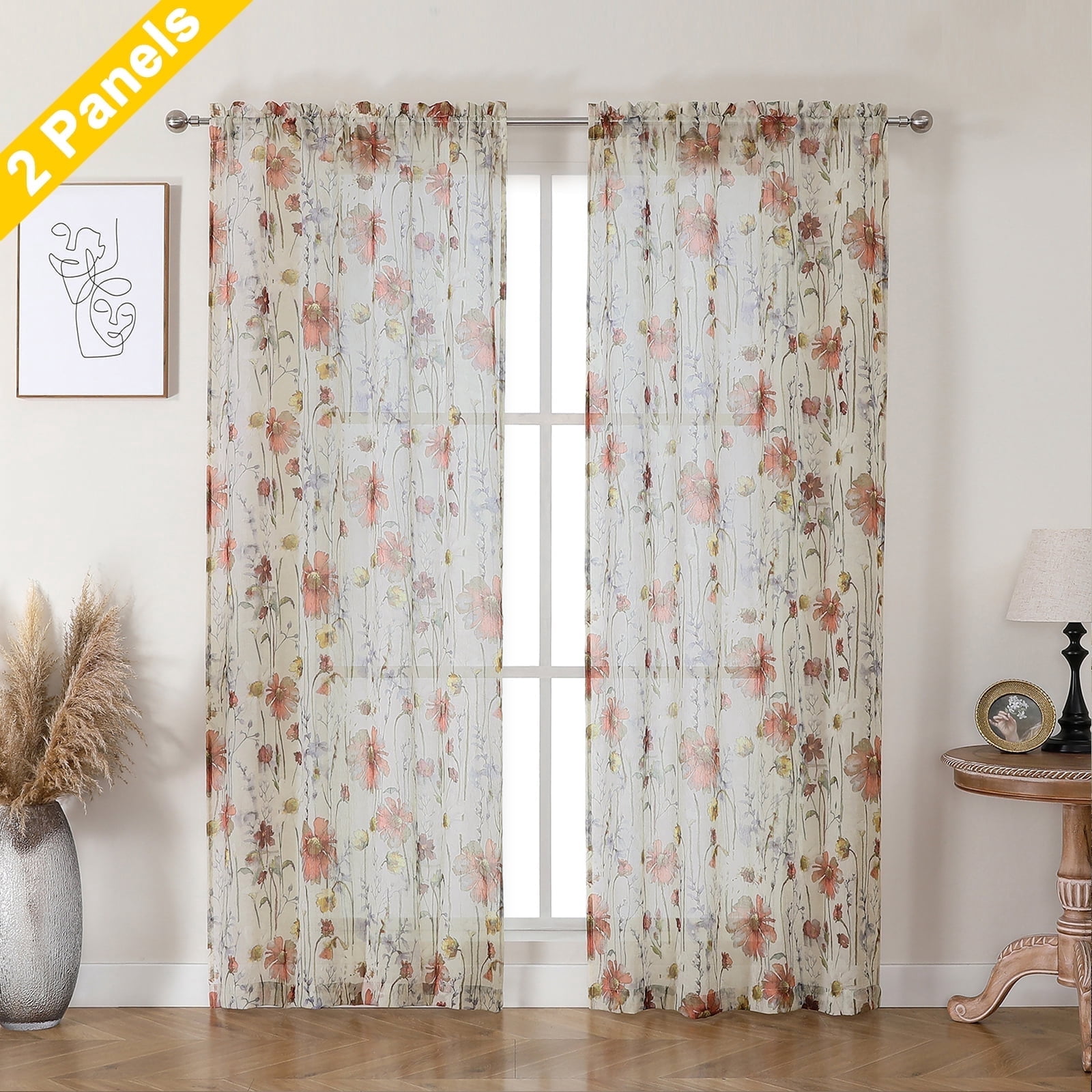 OVZME Blaise Crushed Semi Sheer Curtains 72 Inches Length 2 Panels, Floral Printed Rod Pocket Light Filtering Farmhouse Cortinas Para Habitacion, 2 Pieces Each 42"W x 72"L