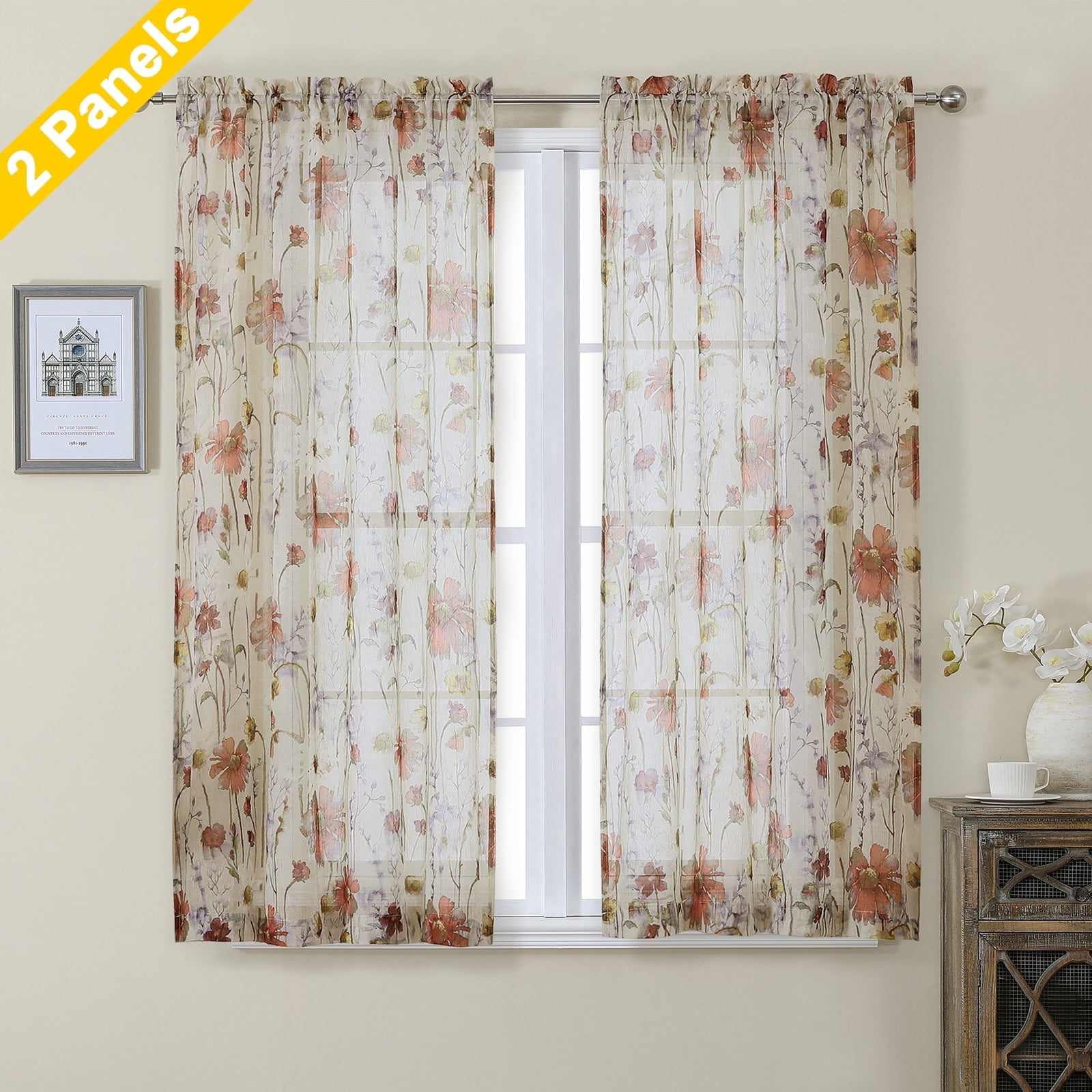 OVZME Blaise Crushed Sheer Curtains 45 Inch Length for Kitchen Living Room, Lightweight Breathable Floral Printed Fabric Semi Sheer Window Drapes with Rod Pocket, Each 42Wx45L Inch, 2 Panels Set