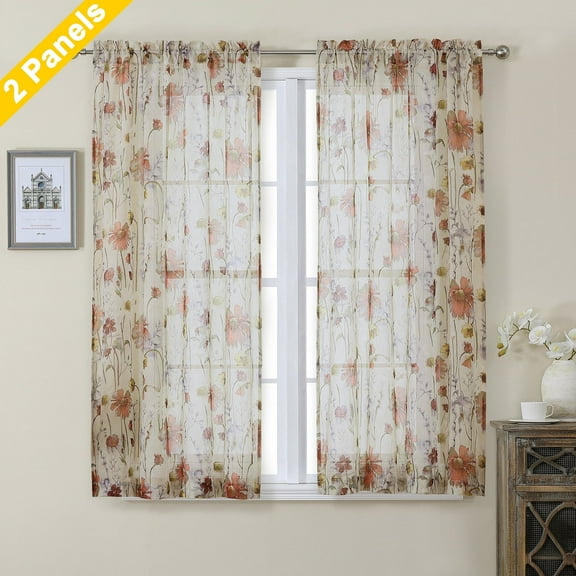 OVZME Blaise Crushed Sheer Curtains 45 Inch Length for Kitchen Living Room, Lightweight Breathable Floral Printed Fabric Semi Sheer Window Drapes with Rod Pocket, Each 42Wx45L Inch, 2 Panels Set