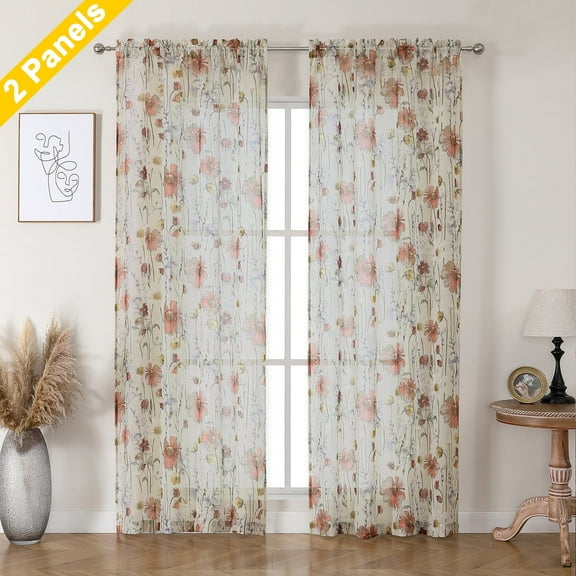 OVZME Rustic Floral Sheer Curtains, 84 Inches Long, 2 Panels, Rod Pocket, Soft Window Curtains for Bedroom, 42"W x 84"L-2PCS