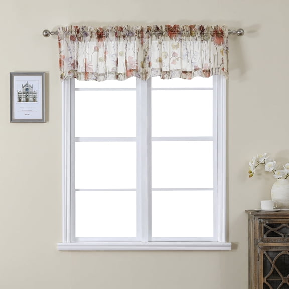OVZME Blaise Crushed Sheer Curtains Valance 14 Inches Length 2 PCS, Modern Floral Printed Kitchen Valances for Windows Light Filtering Cafe Curtains with Top Rod Pocket Window Shades, 42Wx14L