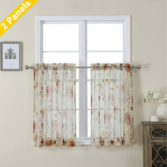OVZME Blaise Crushed Sheer Curtains Tiers 36 Inch Length 2 Panels, Floral Printed Design Small Kitchen Window Curtains Cafe Bedroom Living Room Decor, Farmhouse Light Filtering Dorm Decor, 42"x36"
