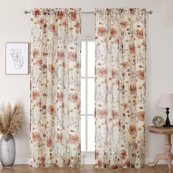 OVZME Blaise Floral Crushed Print Sheer Curtains - 2 Panels 96 Inch ...