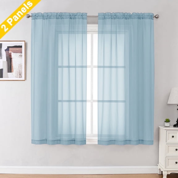 OVZME 42x54 Sky Blue Sheer Curtains 2 Pack, 54" Long Short Voile Curtains for Kitchen Home Office, Rod Pocket Window Treatment, Each 42"Wx54"L