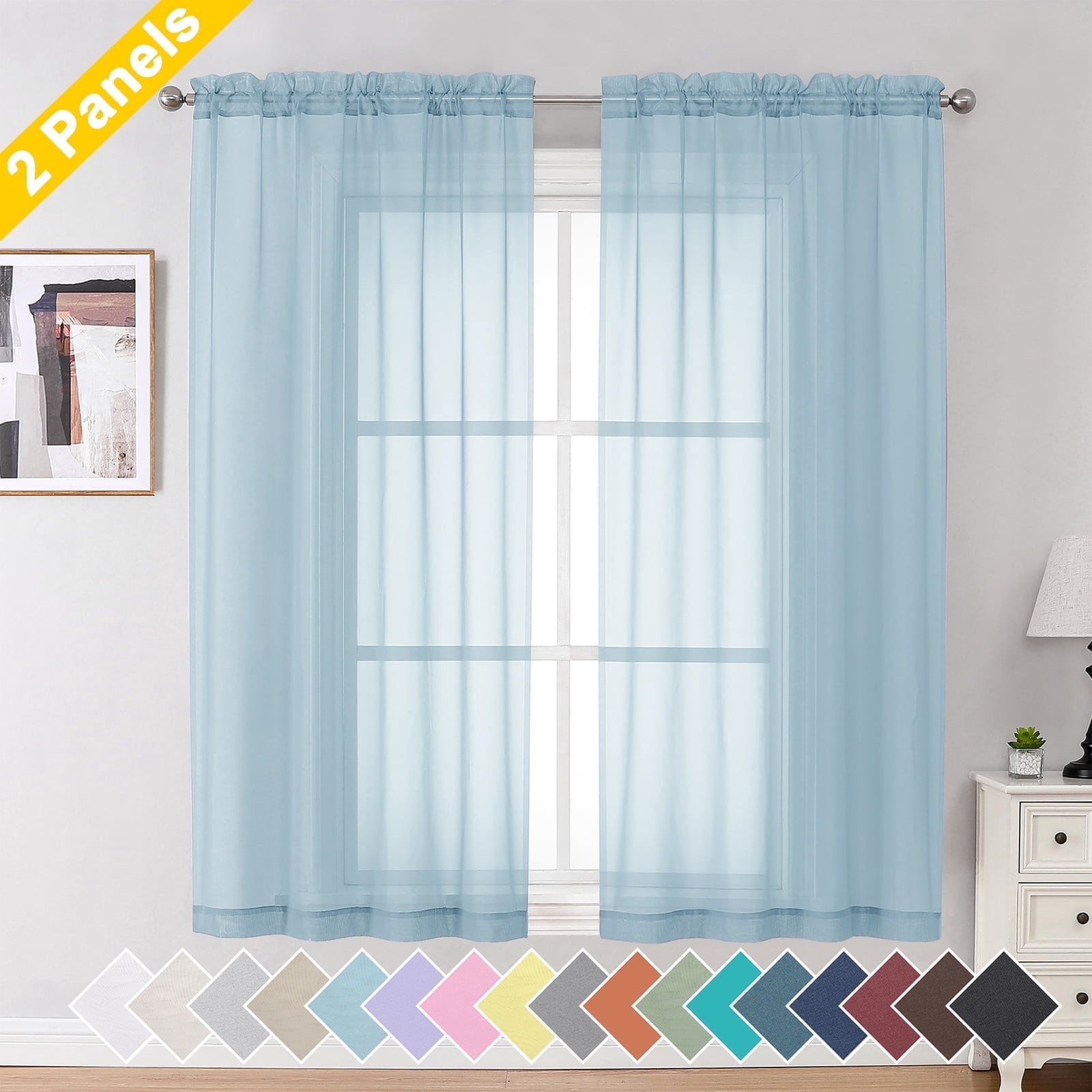 OVZME Blue Sheer Window Curtains 63 inch Length 2 Pcs, Rod Pocket Voile ...