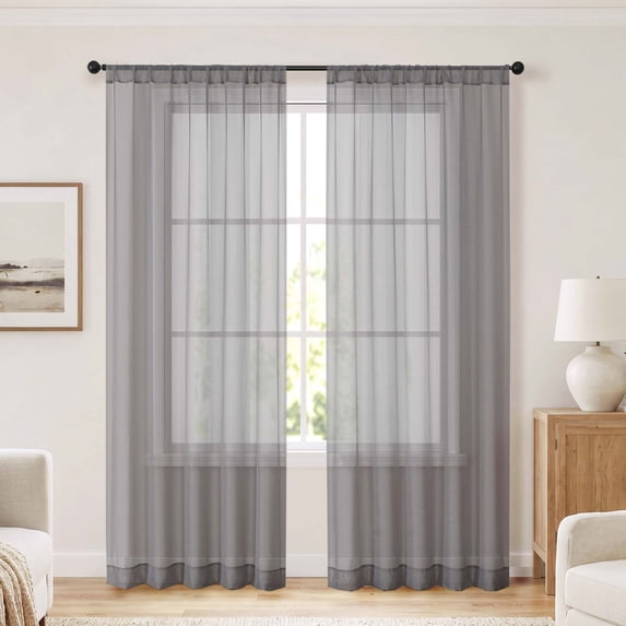 OVZME Charcoal Grey Sheer Curtain 2 Panels 84 Inch Length, Rod Pocket Voile Window Drapes for Living Room Bedroom, Each 52x84 Inch