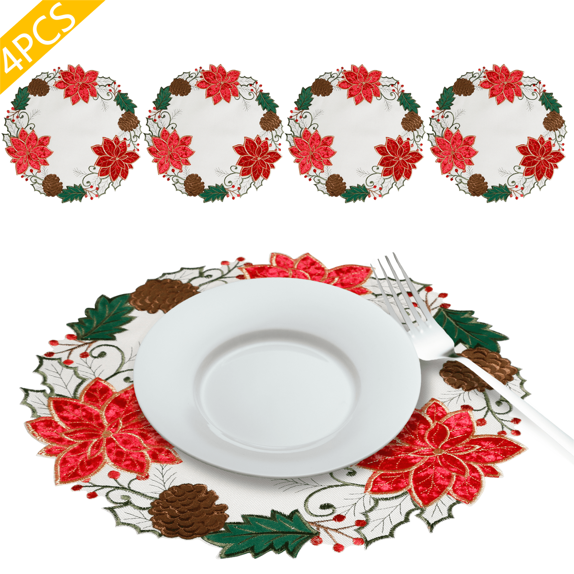 Holiday Poinsettia Table Runner & Placemats Set - Red & Gold Embroidered Christmas Decor #6727