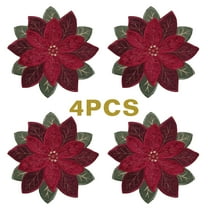 OVZME Christmas Placemats Set of 4, Poinsettia Table Mats with Embroidered and Applique Velvet Fabric Diecut Placemat for XMAS Holiday Tabletop Round Doilies for Dining Table, Red 17X17 Inch