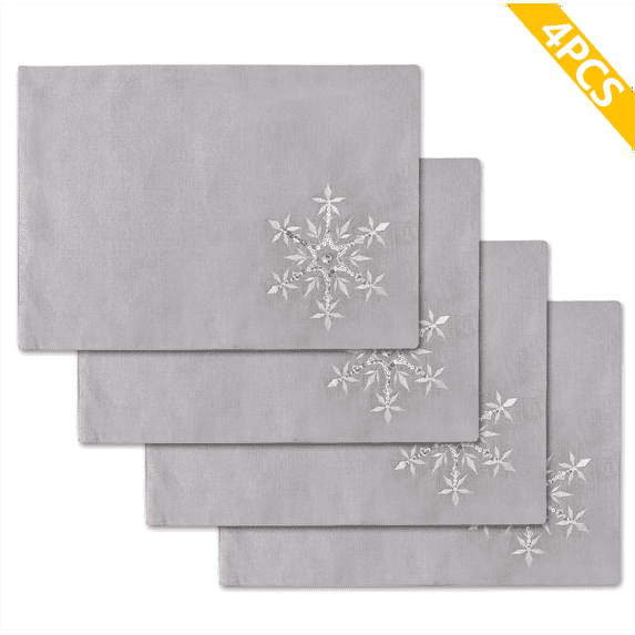 OVZME Christmas Table Placemats Set of 4 with Sequins Embroidery Grey Place Mats for Dining Table Xmas Holiday Tabletop Decor, Winter Farmhouse Table Decorations 13 X 19 Inch