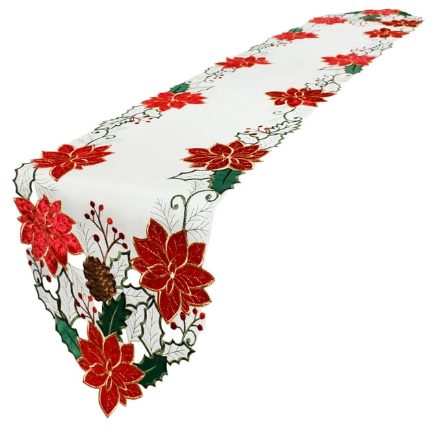 OVZME Christmas Table Runner 70 Inches Long,Poinsettia Textured Fabric