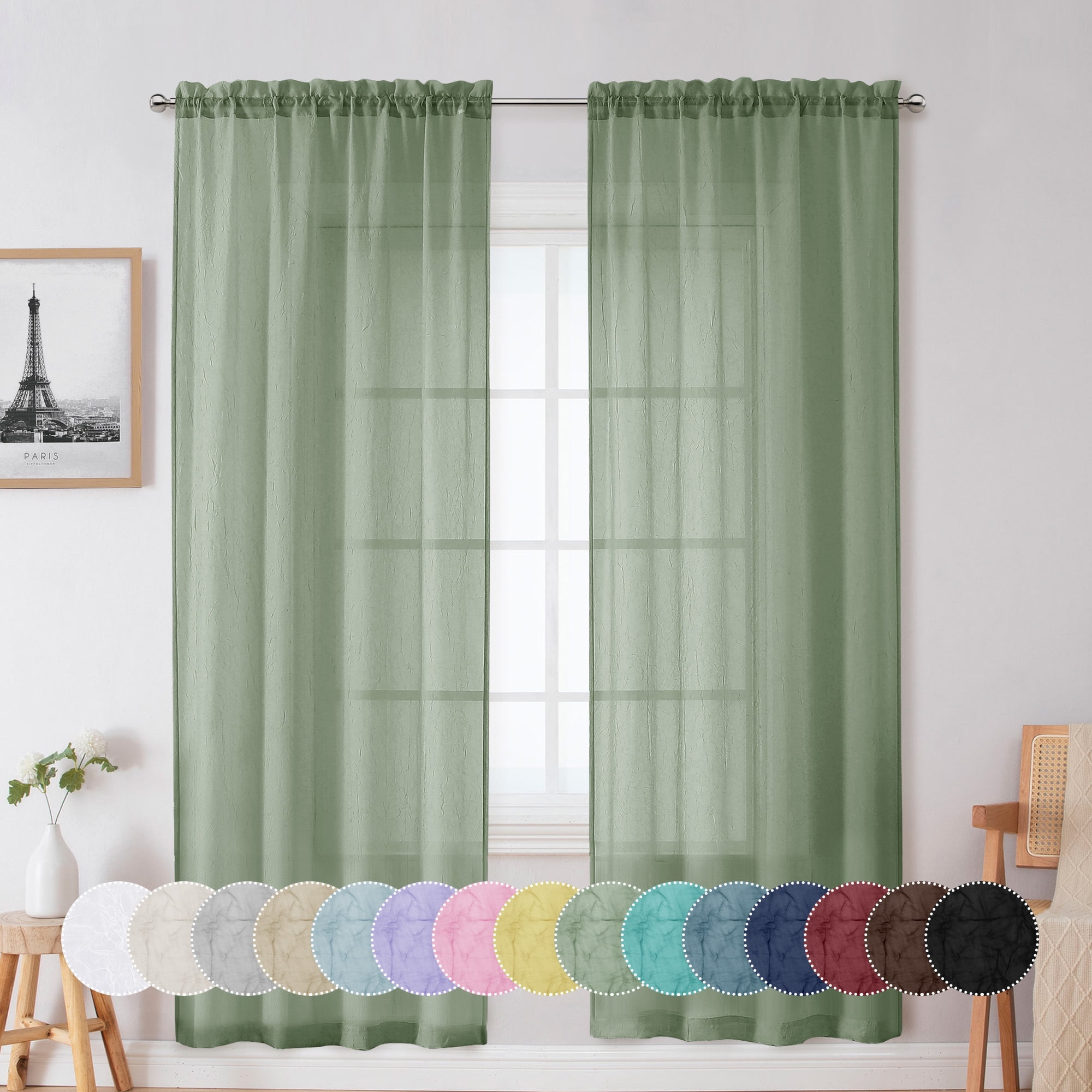 OVZME Crushed Sheer Curtains 72 inch Long 2 Panels Set, Light Filtering