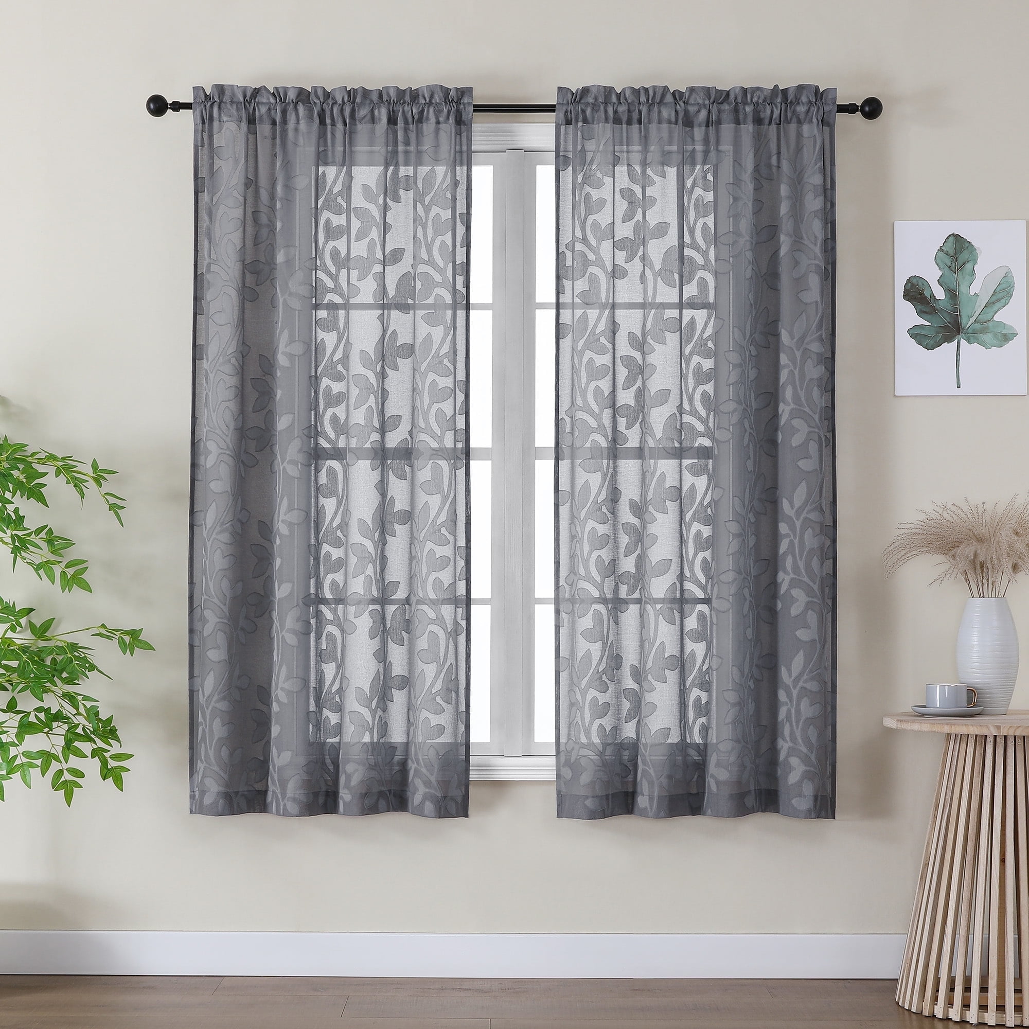 OVZME Darla 63 Inches length Sheer Curtain Set of 2, Soft Light Filtering Leaf Jacquard Farmhouse Window Curtains & Drapes for Living Room Bedroom with Rod Pocket, Each 42Wx63L Inch Charcoal Grey