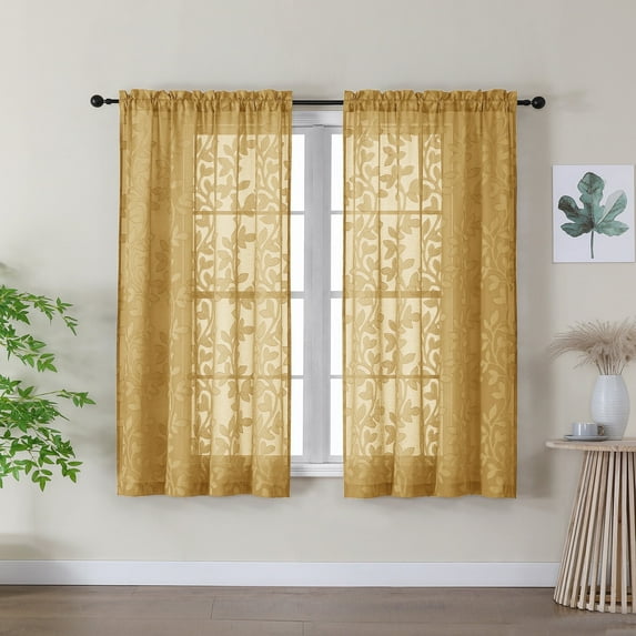 OVZME Darla Gold Sheer Curtains 54 Inch Length 2 Panels Set, Soft Touch Lightweight Window Curtain with Clip Leaf, Cortinas Para Ventanas Panels for Bedroom Living Room with Rod Pocket, 42Wx54L Inch
