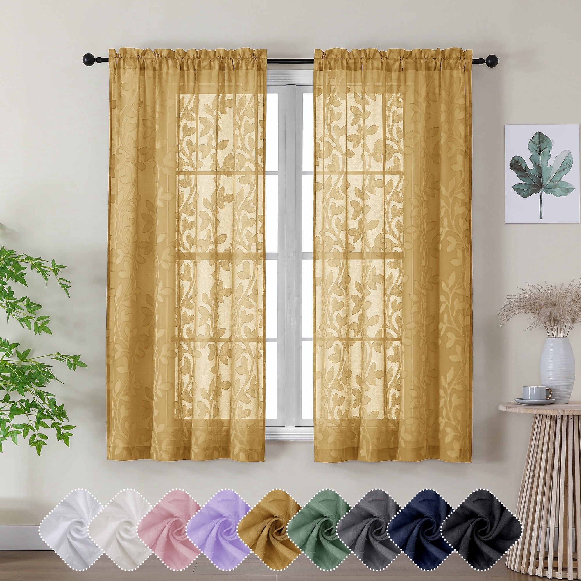 OVZME Darla Gold Sheer Curtains 63 Inch Length 2 Panels Set, Airy