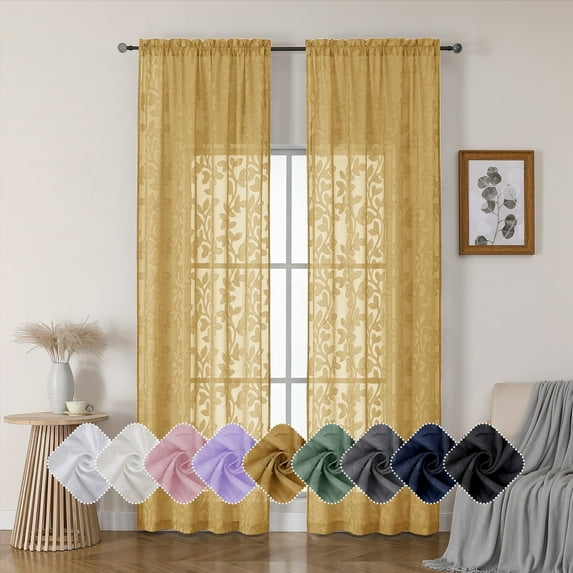 OVZME Darla Gold Sheer Curtains 96 Inches Long 2 Panels, Light Filtering Soft Lightweight Extra Long Living Room Curtains with Clip Jacquard Leaf, Farmhouse Window Curtains for Bedroom, 42Wx96L