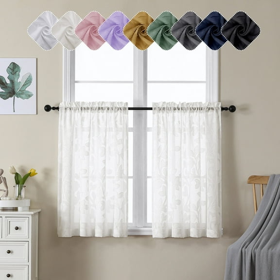 OVZME Darla Natural Sheer Cafe Curtains Tiers 36 Inches Long 2 Panels Set, Light Filtering Jacquard Sheer Drapes,Soft Jacquard Window Drapes for Small Windows with Dual Rod Pocket, 42W x 36L Inch