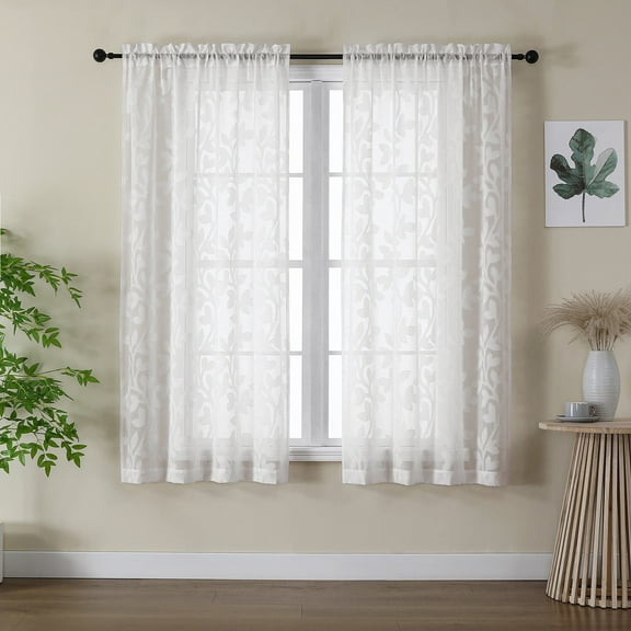 OVZME Darla Natural Sheer Curtains 63 Inch Length 2 Panels, Leaf Jacquard Textured Rod Pocket Solid Window Treatments Farmhouse Curtains for Living Room Bedroom Nursery Window Drapes, W42XL63 Inch