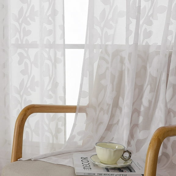 OVZME Darla Natural Sheer Curtains 96 Inches Long 2 Panels Set, Light Filtering Soft Lightweight Extra Long Living Room Curtains, Jacquard Farmhouse Window Curtain Panels for Bedroom, 42Wx96L Inch