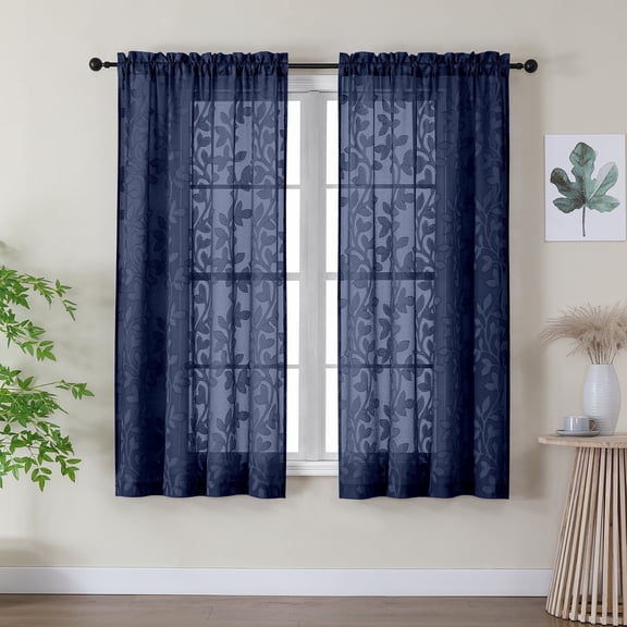 OVZME Darla Navy Blue Sheer Curtains 63 Inch Length 2 Panels, Jacquard Leaf Cortinas para Habitacion, Textured Curtains and Drapes for Bedroom & Living Room with Rod Pocket, Each 42Wx63L Inch