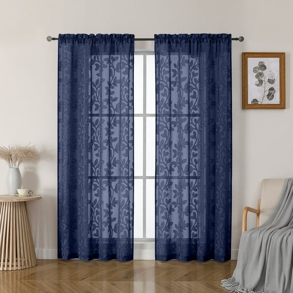 OVZME Darla Navy Blue Sheer Curtains 72 Inch Long 2 Panels Set, Jacquard Leaf Pattern Bedroom & Living Room Curtains, Light Filtering Cortinas with Textured Design for Sliding Doors, 42Wx72L Inch
