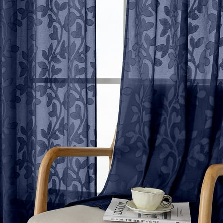 OVZME Darla Navy Blue Sheer Curtains 84 Inches Long 2 Panels Set, Light Filtering Jacquard Curtains for Living Room Bedroom, Balance Light & Privacy Curtains for Sliding Glass Doors, 42Wx84L Inch