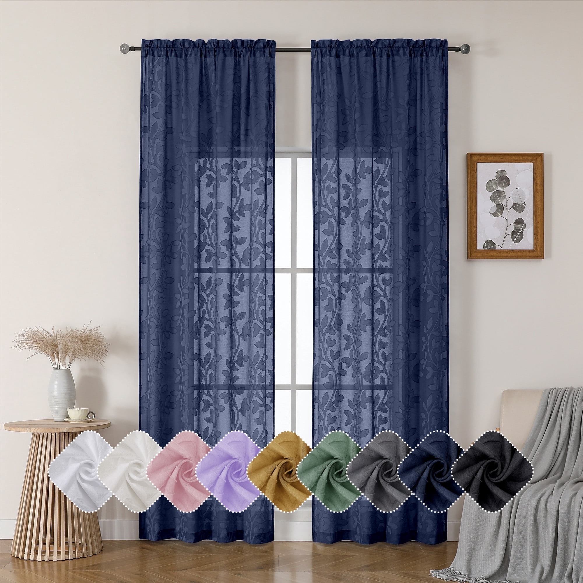 OVZME Darla Navy Blue Sheer Curtains 96 Inches Long 2 Panels Set, Soft ...
