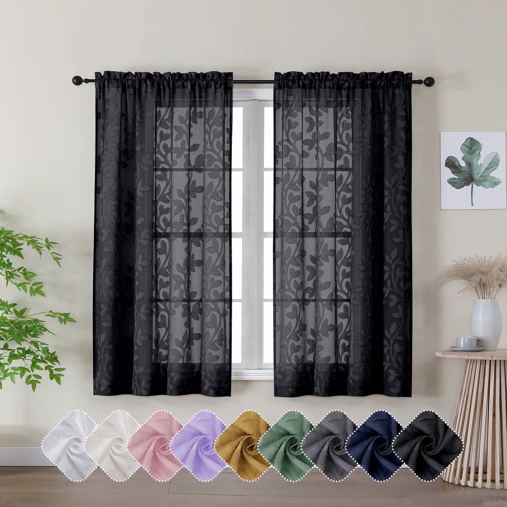 OVZME Darla Sheer Black Curtain 54 Inch Length 2 Panels Set, Soft Touch