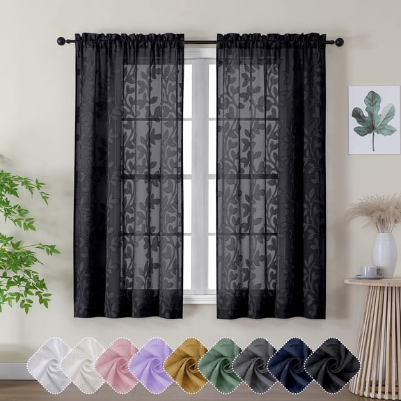 OVZME Darla Sheer Black Curtains 63 Inch Length 2 Panels Set, Light Filtering Breathable Textured Jacquard Curtains, Window Curtains for Living Room with Rod Pocket, Each 42Wx63L Inch