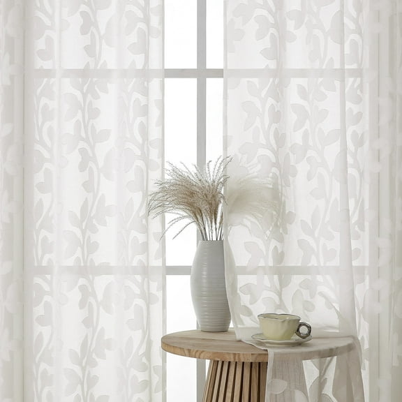 OVZME Darla Sheer Curtains 84 Inches Long 2 Panels for Bedroom Living Room, Light Filtering Solid Curtains 3D Leaf Jacquard Semi Curtains & Drapes with Top Rod Pocket, 42Wx84L Inch Natural