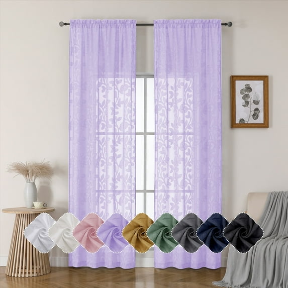OVZME Darla Sheer Curtains 96 Inches Long 2 Panels Set, Light Filtering Soft Airy Lightweight Farmhouse Sheer Drapes, Textured Jacquard Extra Long Curtains for Living Room, 42Wx96L Inch Lavender