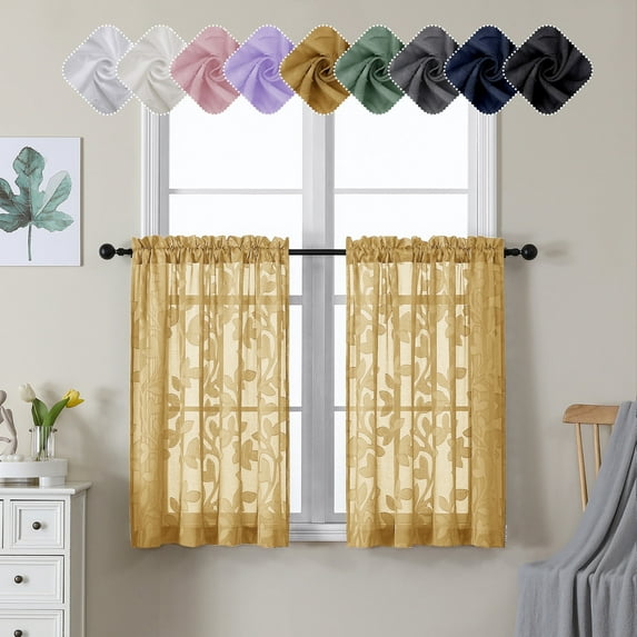 OVZME Darla Short Gold Sheer Curtains 36 Inch Length 2 Panels, Light Filtering Soft Small Window Curtains with Rod Pocket, Textured Farmhouse Curtains for Bedroom Living Room, Each 42Wx36L Inch