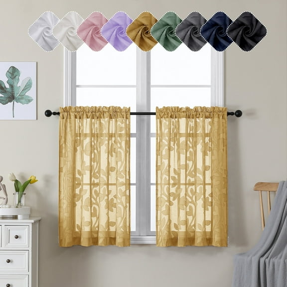 OVZME Darla Short Gold Sheer Curtains 36 Inch Length 2 Panels, Light Filtering Soft Small Window Curtains with Rod Pocket, Textured Farmhouse Curtains for Bedroom Living Room, Each 42Wx36L Inch