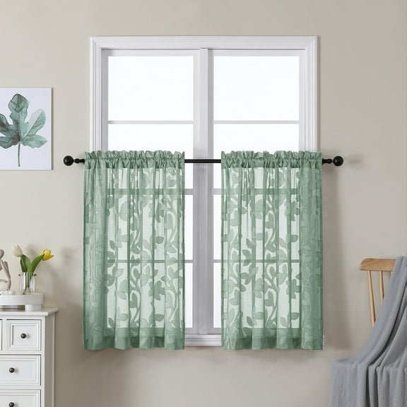 OVZME Darla Short Sage Green Tier Sheer Curtains 36 Inch Length 2 Panels, Soft Lightweight Small Window Curtains with Rod Pocket, Leaf Farmhouse Curtains for Bedroom Living Room, Each 42Wx36L Inch