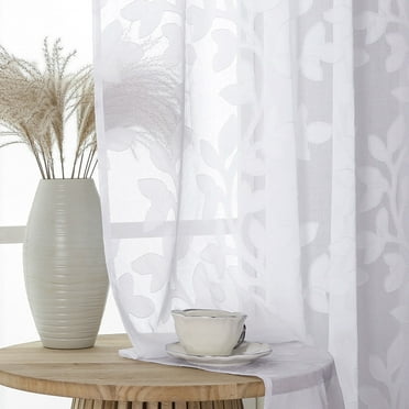 OVZME Darla White Sheer Curtains 84 Inches Long 2 Panels, Light Filtering Solid 3D Leaf Textured Jacquard Window Curtains & Drapes with Top Rod Pocket for Bedroom Living Room, Each 42Wx84L Inch