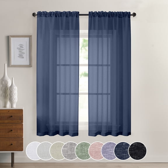 OVZME Dolly 2 Panels Blue Sheer Curtains 63 Inch Length,Light Reducing Solid Living Room Curtain Dual Rod Pockets Texture Faux Linen Drapes for Kitchen Bedroom Small Window Panel,30x63 Inch Navy Blue