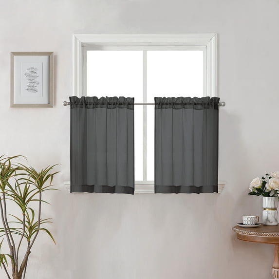 OVZME Dolly Black Solid Sheer Valance Kitchen Curtains 24 Inch Length 2 Packs, Faux Linen Texture Volie Curtain Tiers for Living Room/Bedroom Small Window Dual Rod Pockets Short Drapes, 30W x 24L