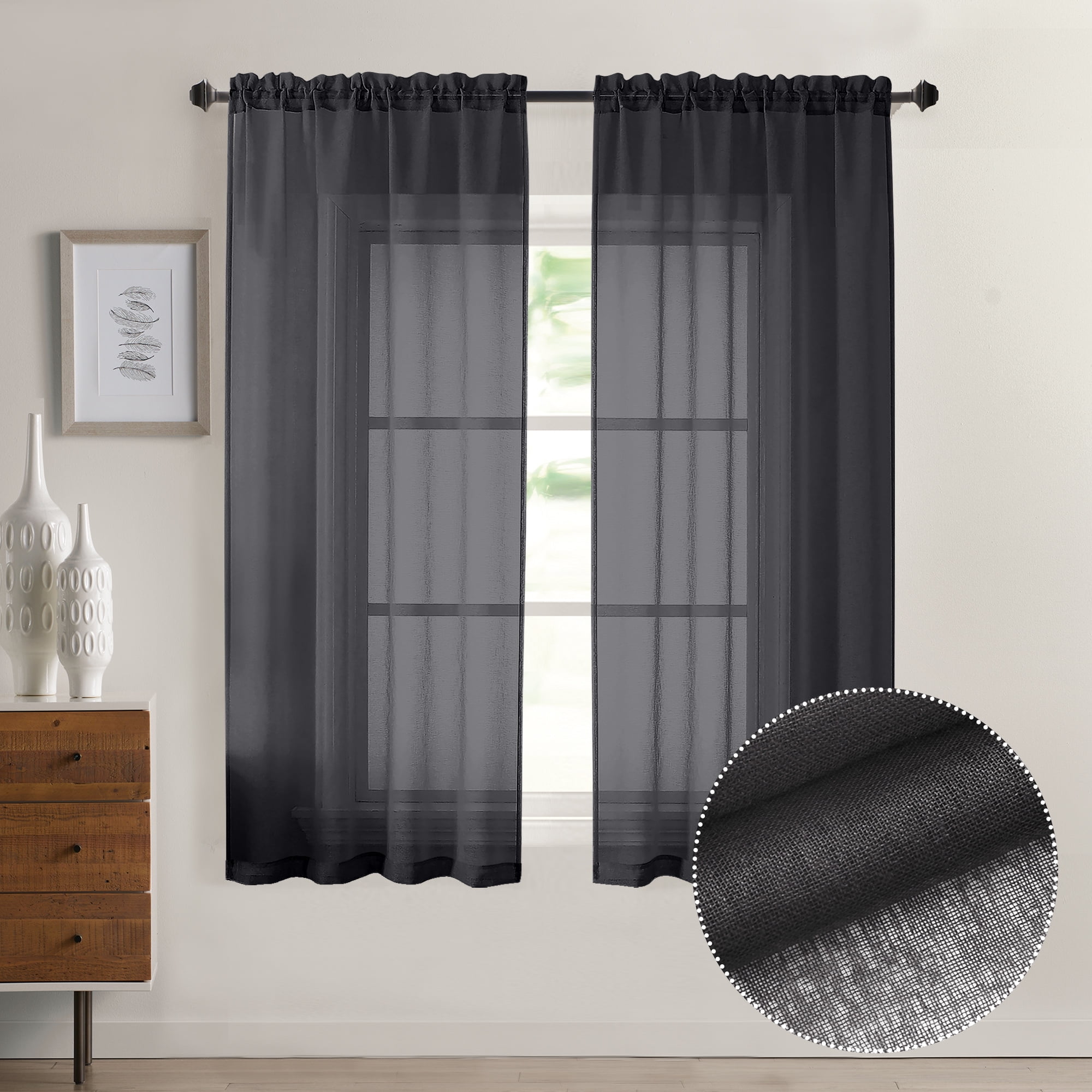OVZME Dolly Faux Linen Black Semi Sheer Curtains 63 Inch Length 2 PACK