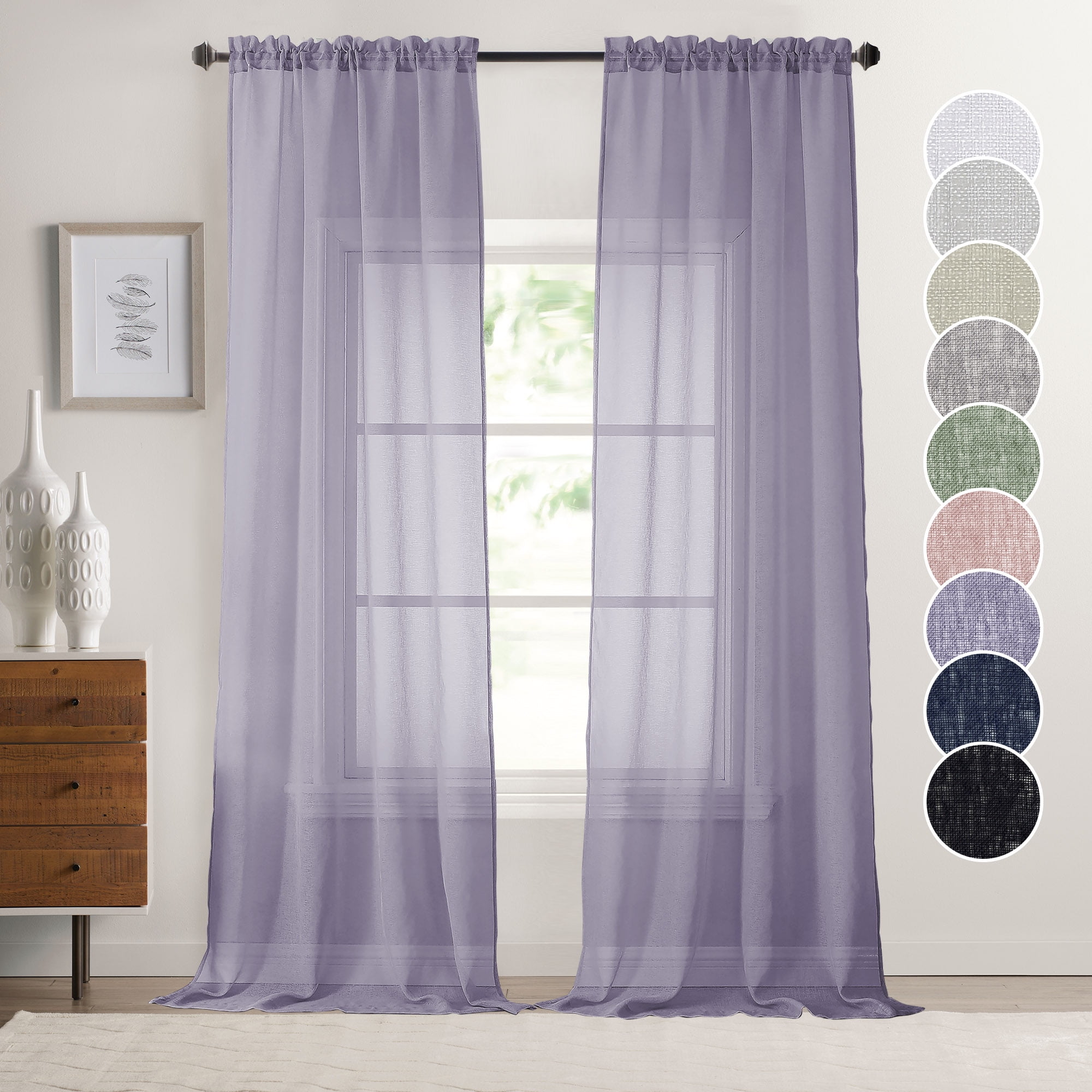 OVZME Dolly Faux Linen Lavender Sheer Curtains 96 Inches Long 2 Panels