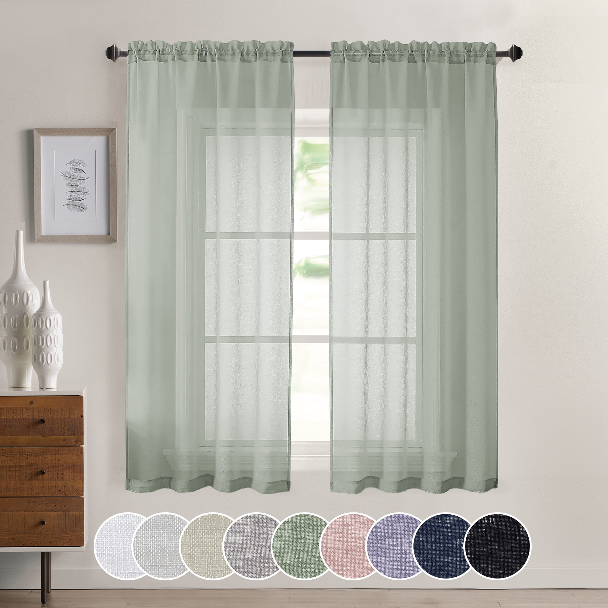 OVZME Sage Green Faux Linen Curtains, 63 Inches, 2 Panels, Privacy
