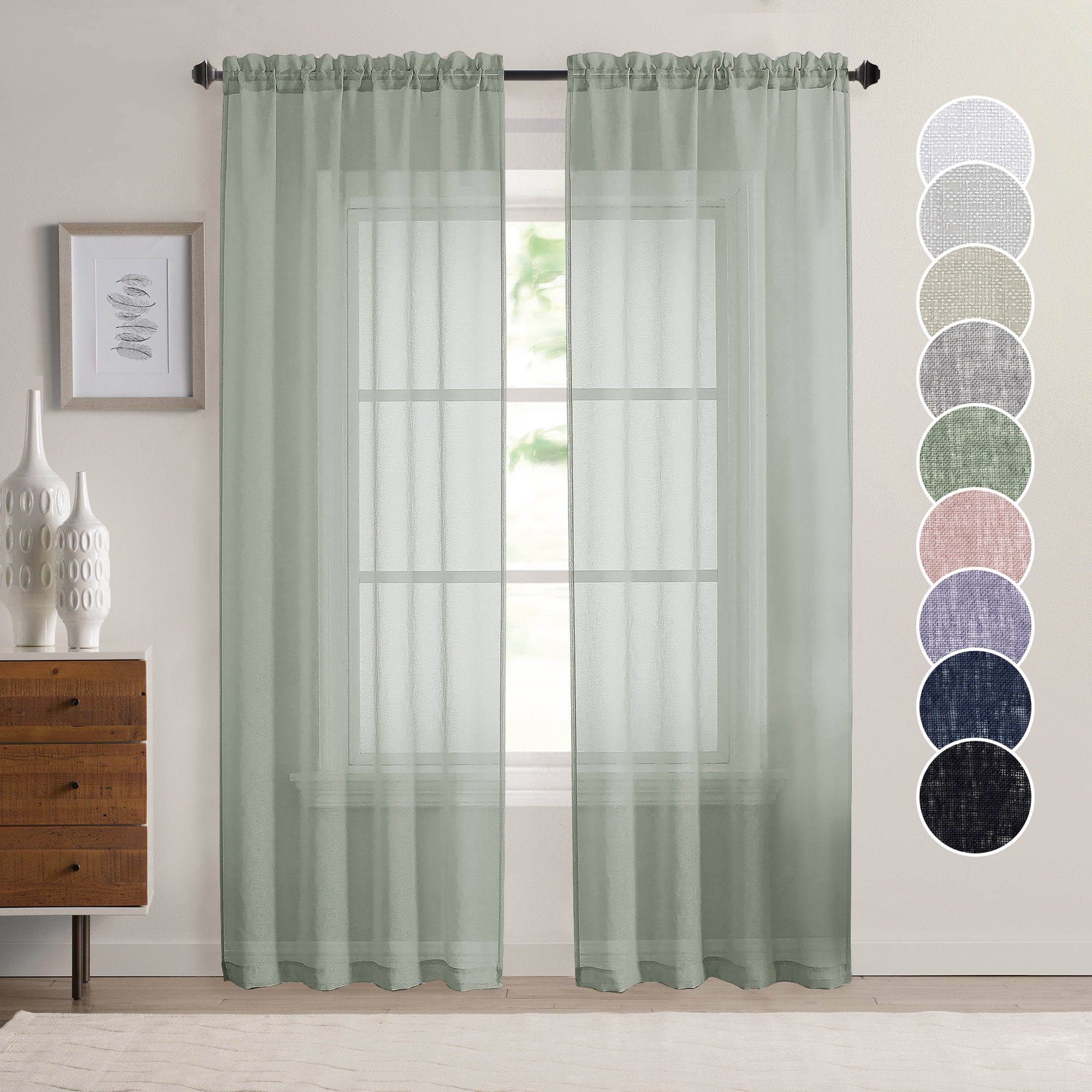 OVZME Dolly Faux Linen Voile Sheer Sage Green Curtains for Living Room